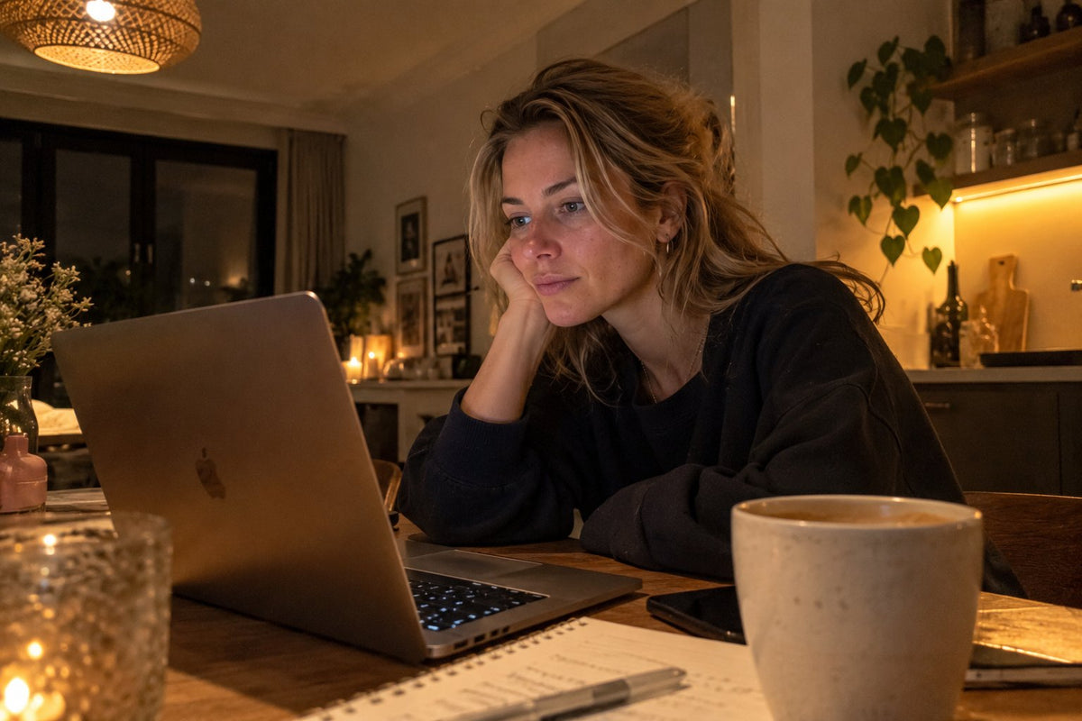 Sanne s avonds aan de keukentafel met laptop