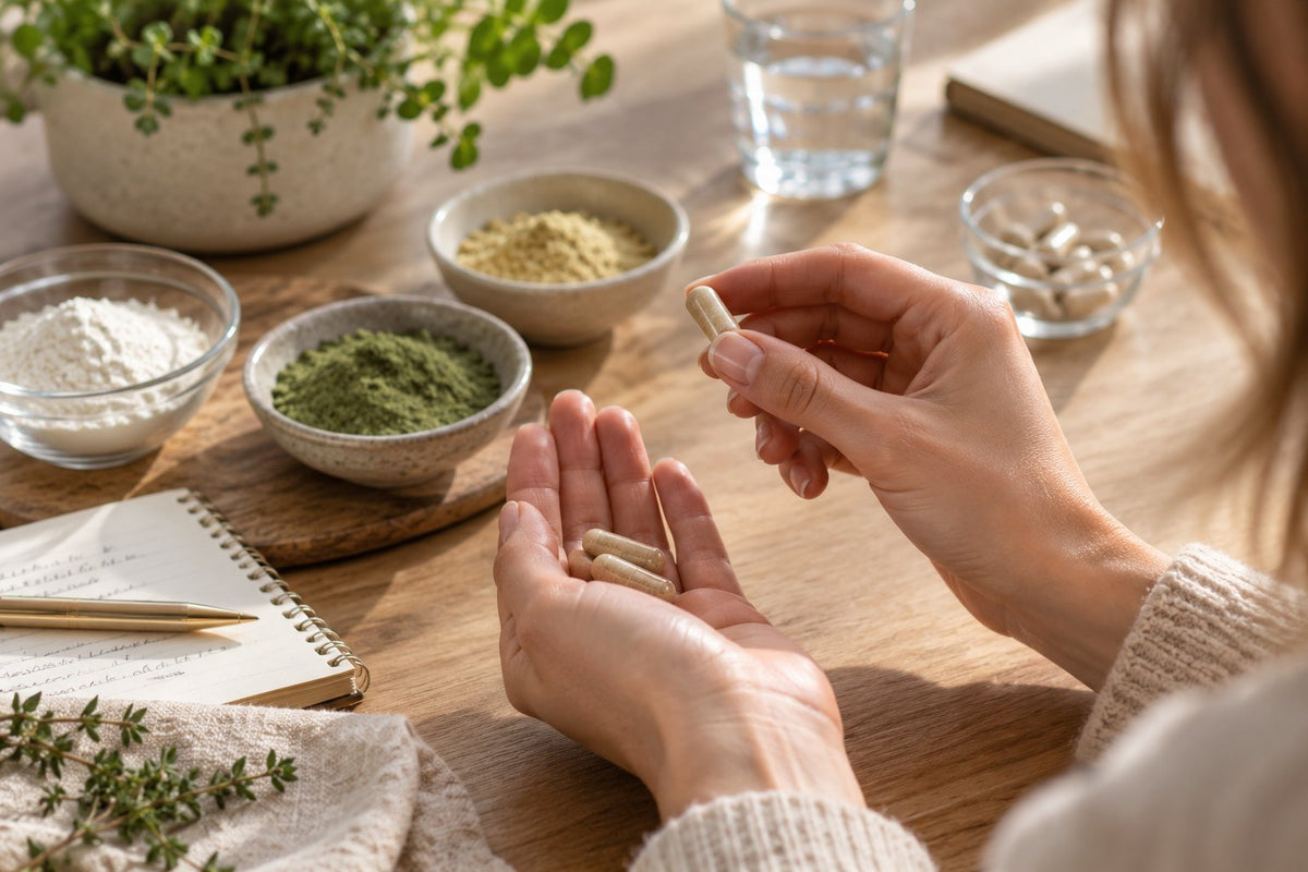 Handen die capsules bekijken naast ingredienten