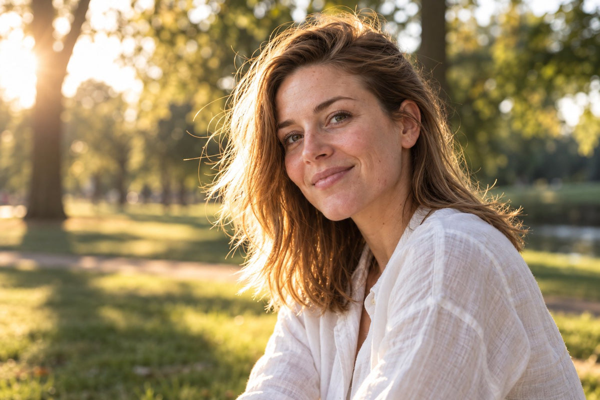 Sanne lachend buiten in het park