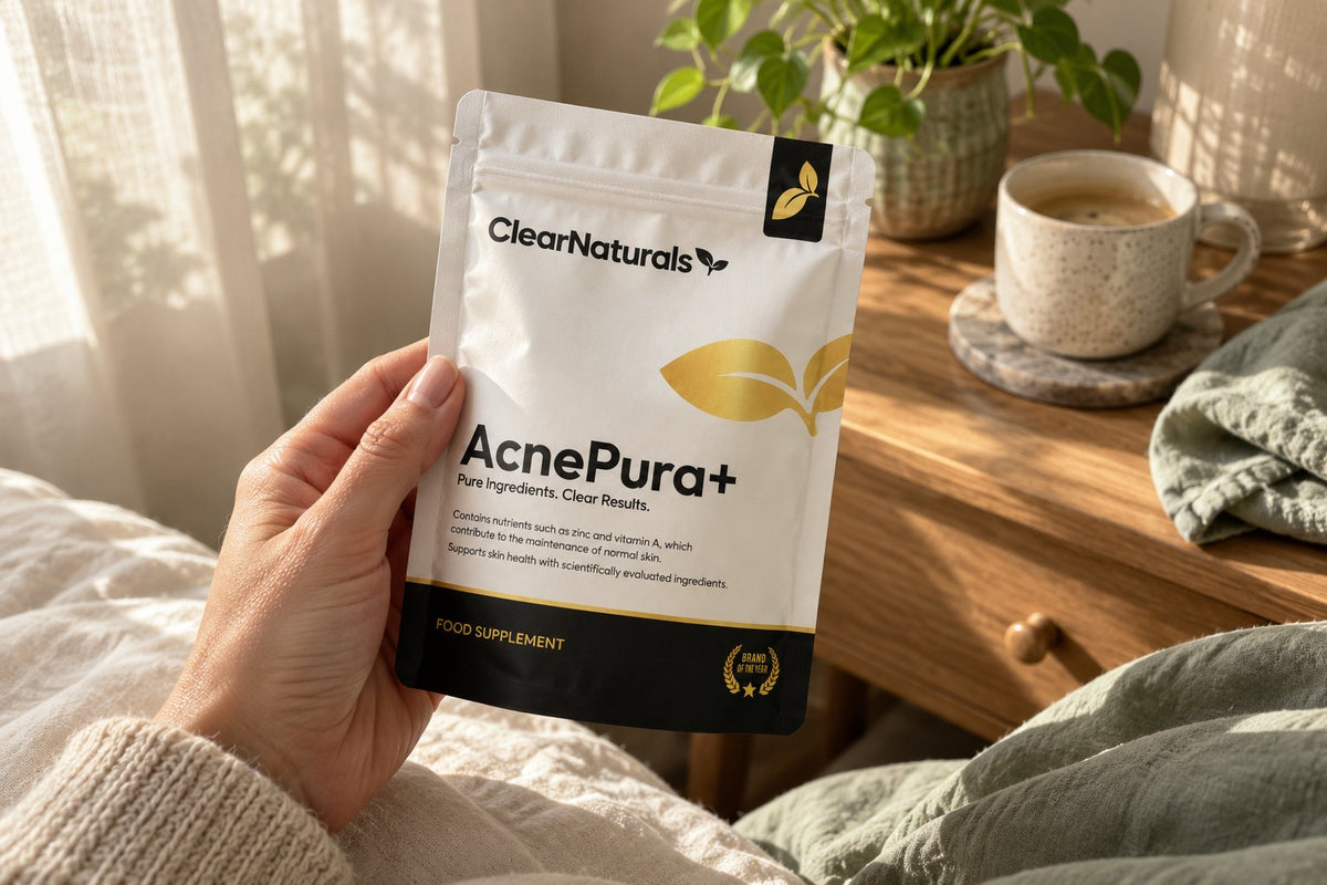 AcnePura+ in de hand op het nachtkastje